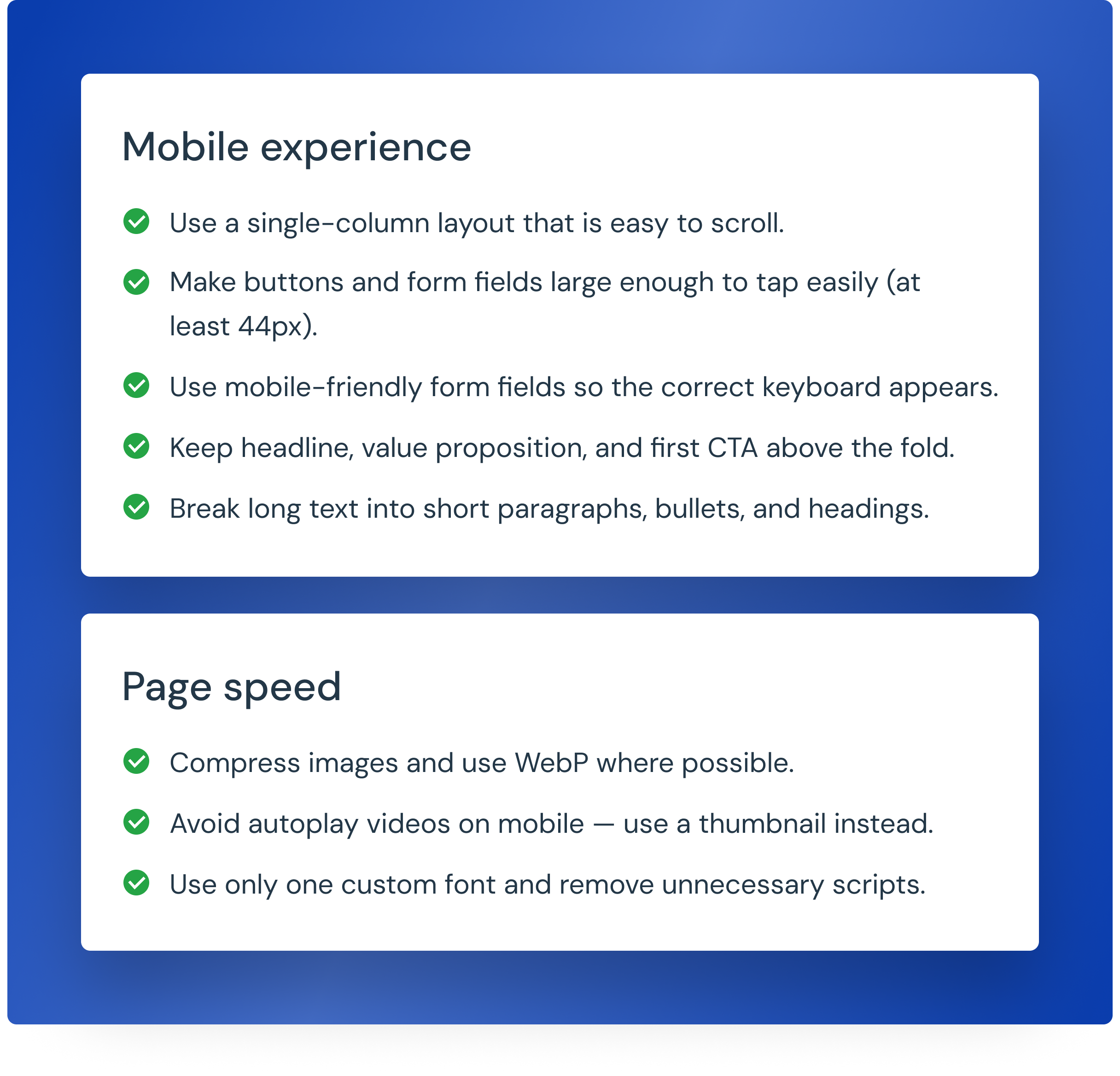 How do you optimize a long-form landing page for mobile and speed?